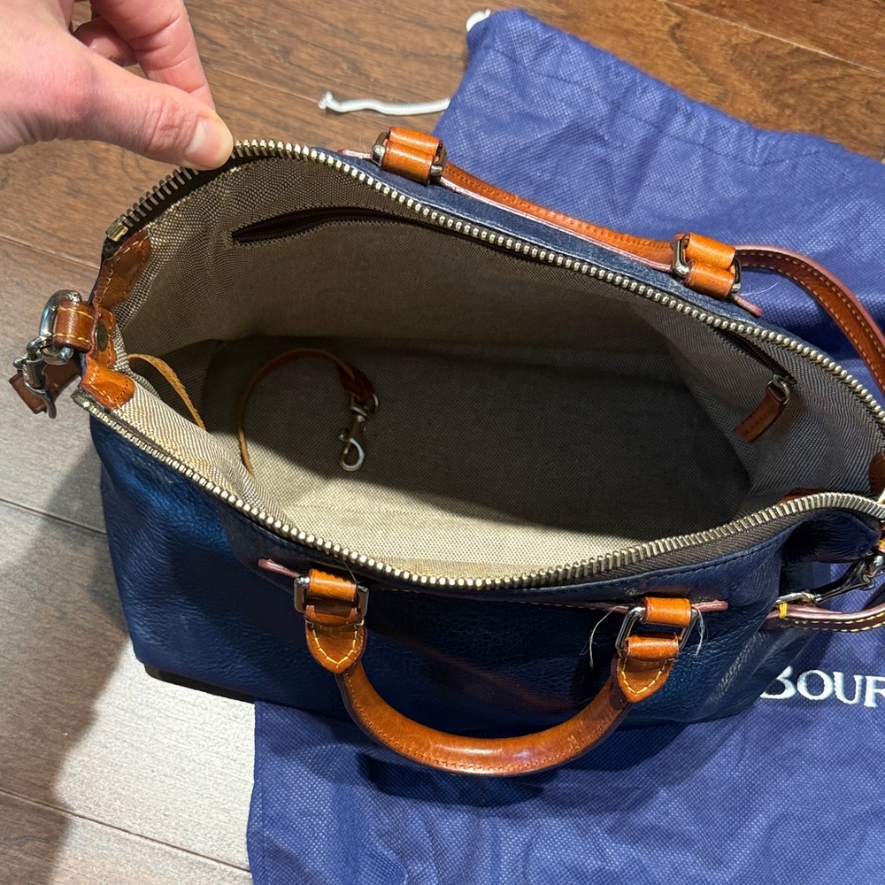 Dooney & Bourke Blue Leather Satchel with Brown Trim - Picture 2 of 4